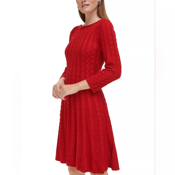 Nine West, Red, Cable-Knit, Fit & Flare, Sweater Dress, Size Large, NWOT - Picture 3 of 15